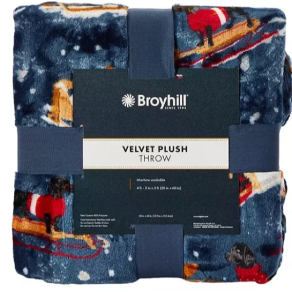 NWT- Velvet Plush Reversible-Blue- Dog Sled- Holiday Throw Blanket 50x60